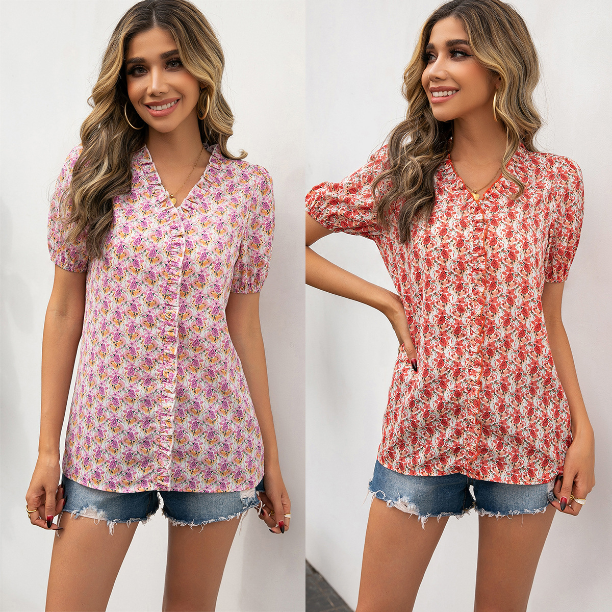 Small Floral Fungus Edge V-neck Short-sleeved Shirt
