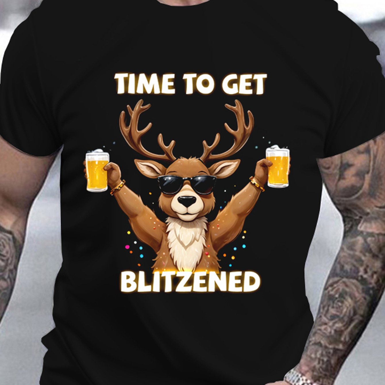 Funny Christmas Reindeer Beer 3D Print T-Shirt for Men - Casual Round Neck Tee