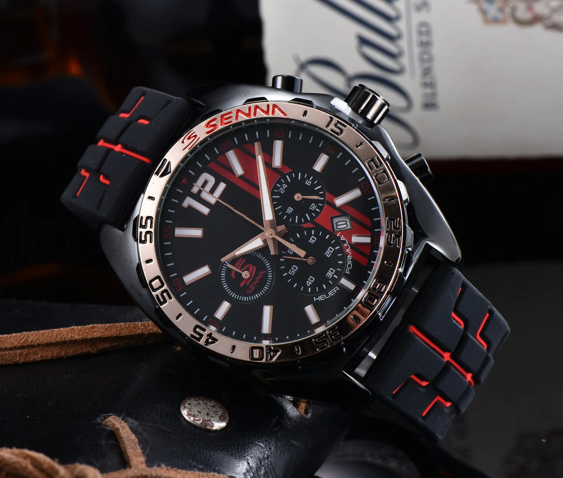 New Men's Quartz Rubber Red Taijia 6-Hand Running Seconds Functional Watch