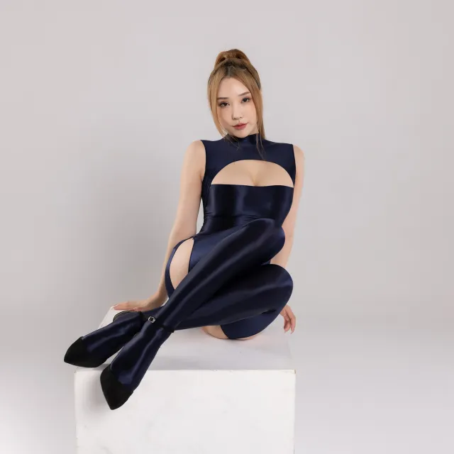 Slim Collar Sleeveless Suspension Bodysuit Set With Panties Navy Blue - Shop at LoveMi