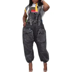 Women's Wide Leg Denim Loose Suspenders - Black - View 1