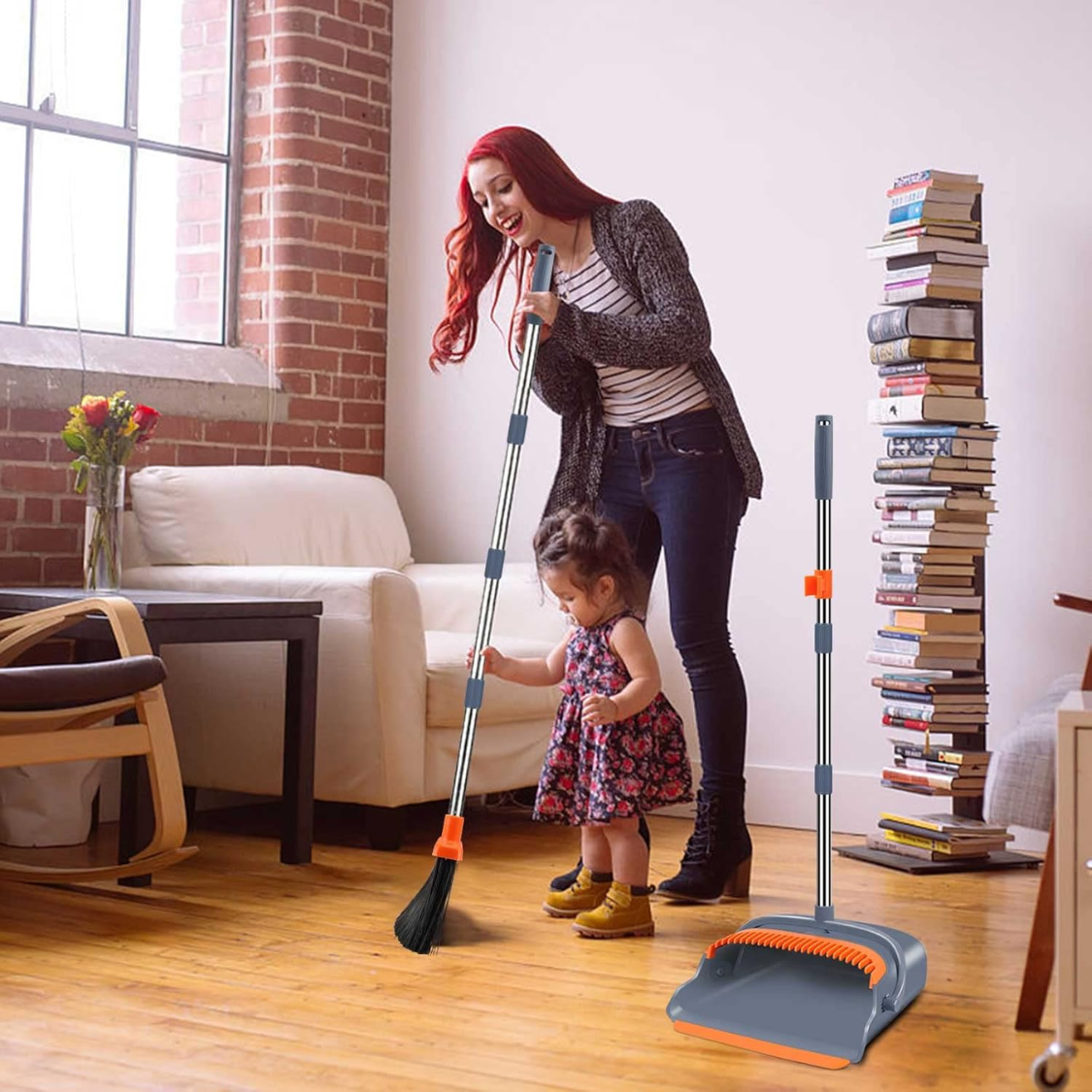 Upgrade Broom And Dustpan Set, Self-Cleaning With Dustpan Teeth, Indoor&Outdoor Sweeping, Ideal For Dog Cat Pets Home Use, Stand Up Broom And Dustpan Gray&Orange — foto 5