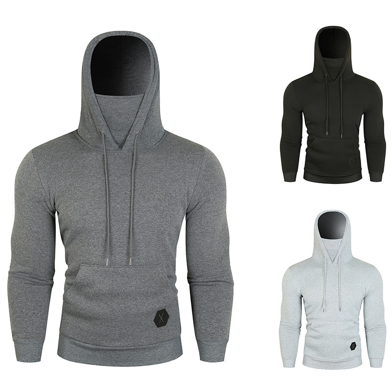 Men's Hooded Solid Color Slim-fit Hem And Leather Design Sweater