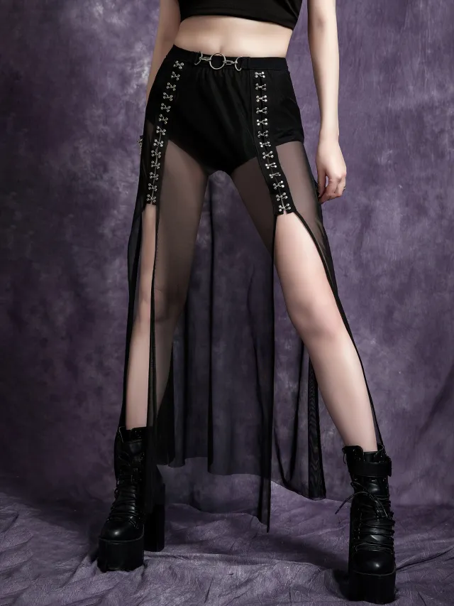 Ladies' Dark Hook Button High Slit Mesh Skirt Black - Shop at LoveMi