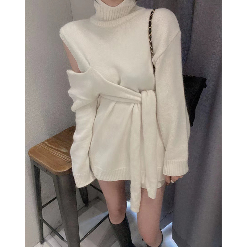 Niche Temperament Loose And Thin Versatile Unilateral Off-shoulder High-neck Strap Sweater