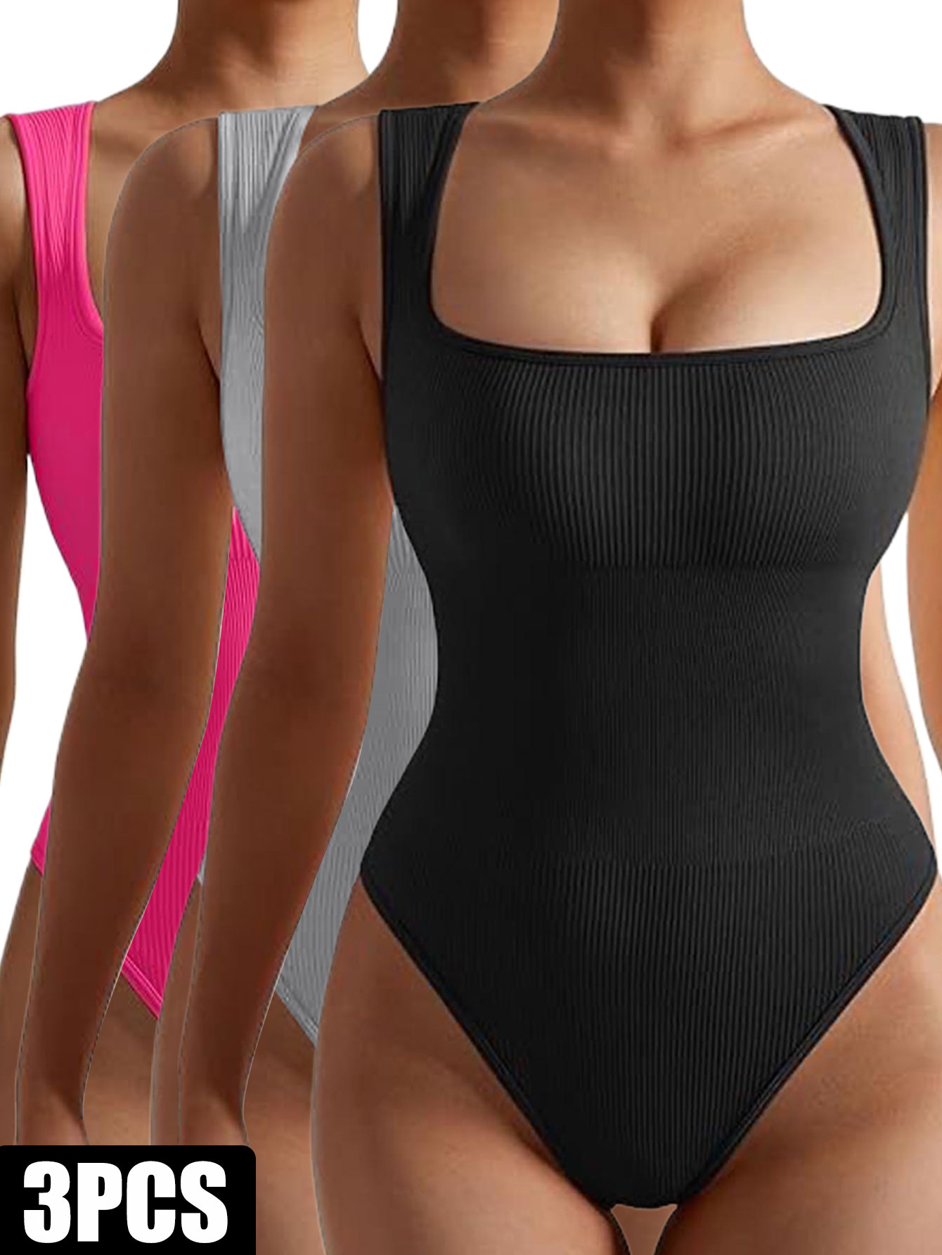 3 Pack Women Workout Seamless Jumpsuit Yoga Ribbed Bodycon One Piece Spaghetti Strap Romper 3Pack5 - Shop at LoveMi