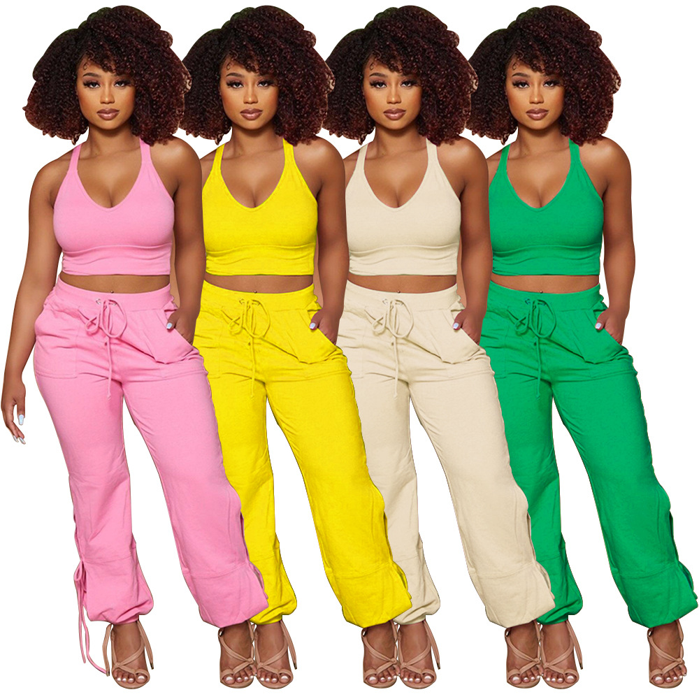 Ladies Fashion Solid Color Tank Top Tie Pants Two Piece Set
