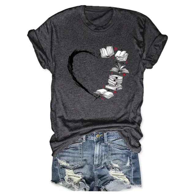 Women's Heart & Book Print T shirt Casual Short Sleeve Crew Neck Top For Spring & Summer Gray - Shop at LoveMi