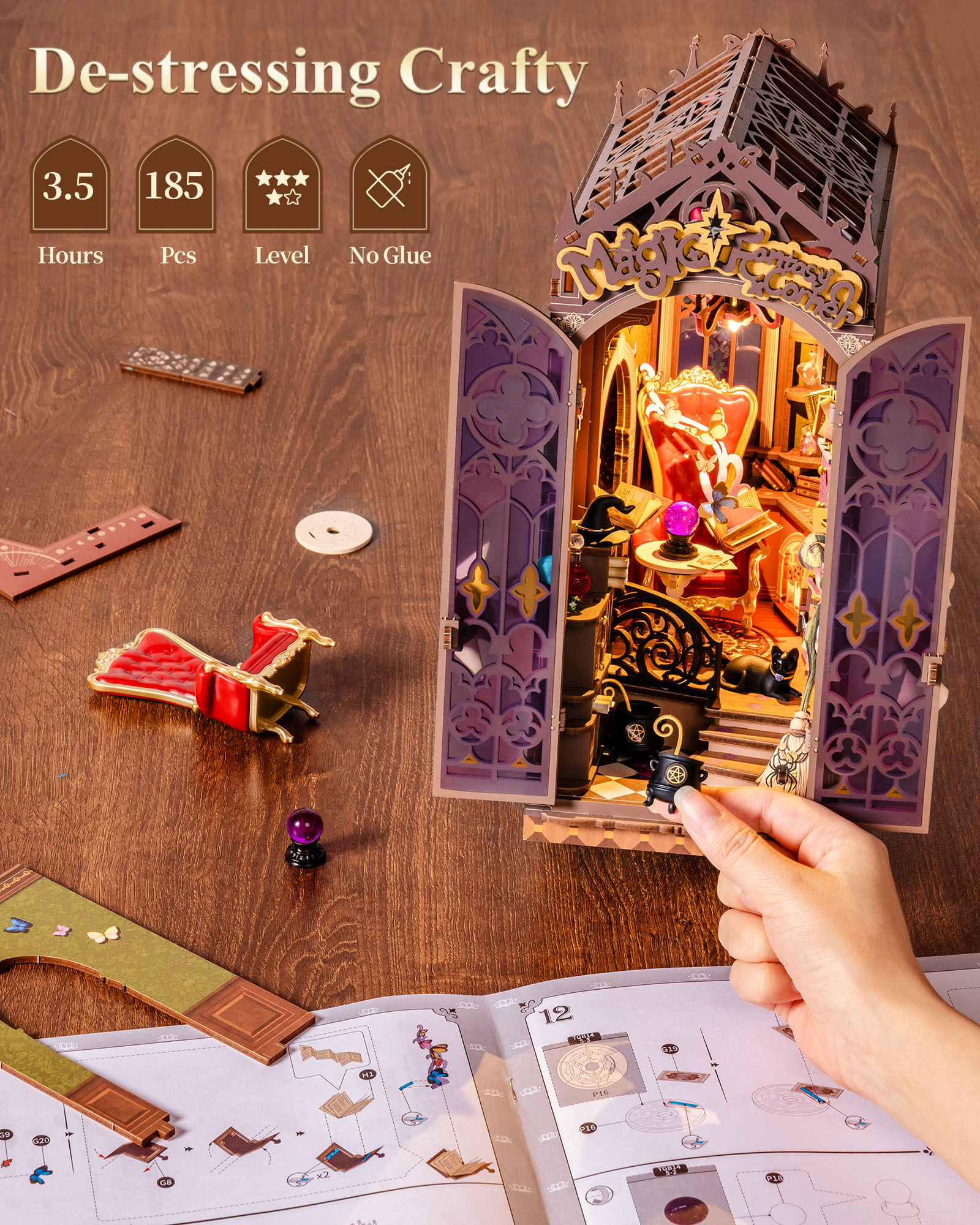 Rolife Magical Fantasy Corner Bookend DIY Set - 3D Wooden Miniature House, 3D Puzzle With Interactive LED Lights, 185 Pieces, Teen & Adult Bookshelf Decoration Gift