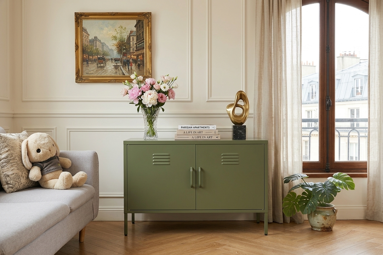 Green 2-Door Wide Metal Storage Cabinet W Legs & Vent, Low Side Cupboard For Home Office Dining Living Room