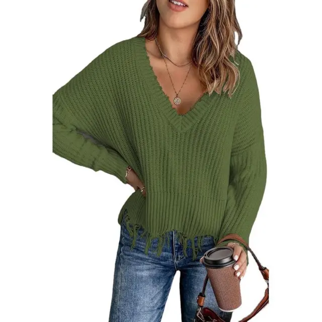 Fashion Women's New Cotton Tassel Ripped Sweater Knitted Green - Shop at LoveMi