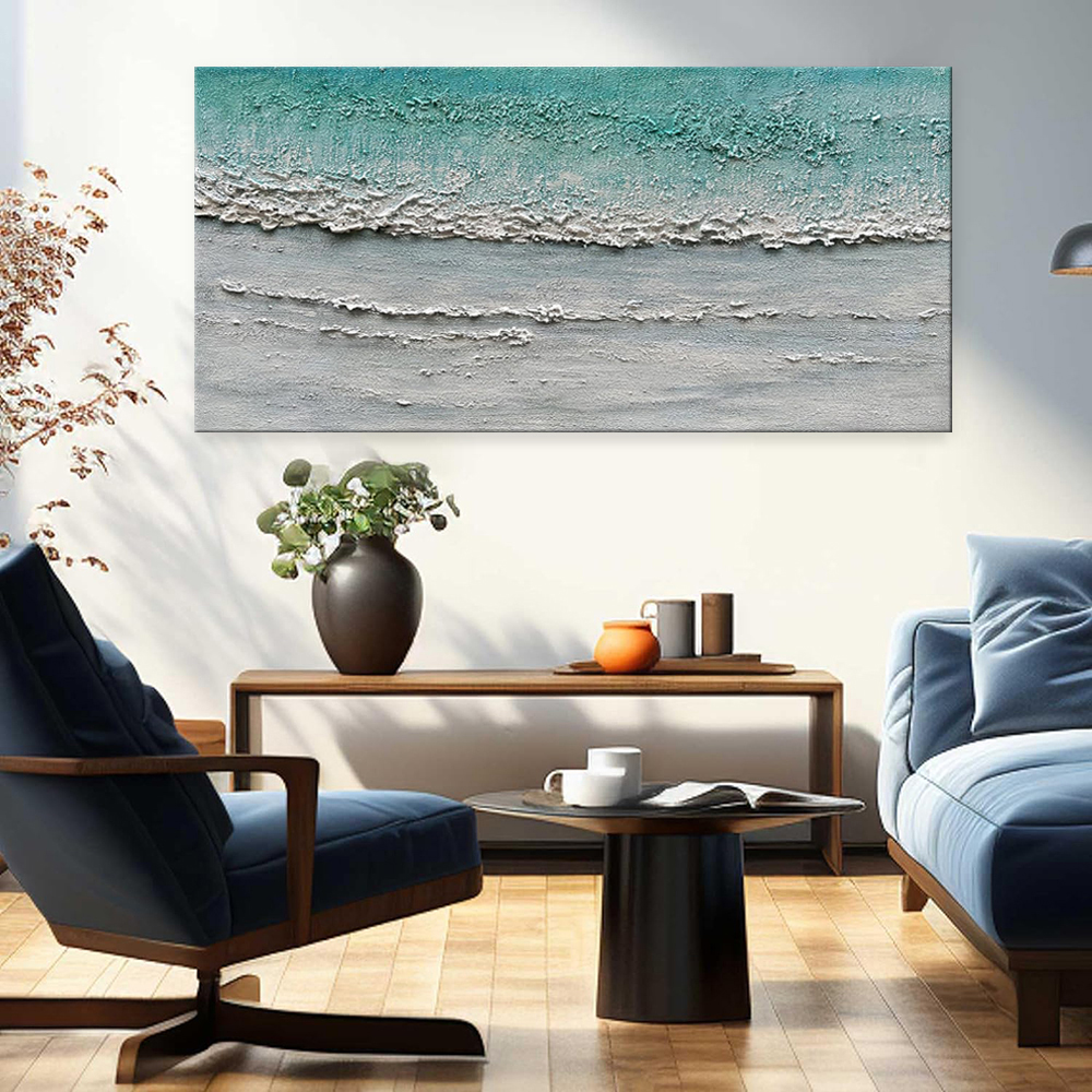 Blue Sea Ocean Wave Beach Canvas Abstract Textured Art Pure Hand-painted Oil Painting Home Decoration Restaurant For Living Room Bedroom Wall Decor