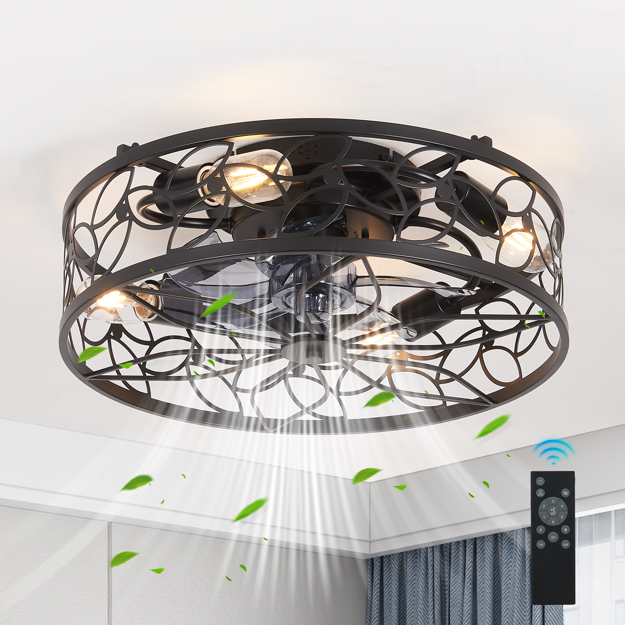18-inch Black Vintage Caged Ceiling Fan Light -Quiet Operation, Remote Control, Industrial Style For Living Room, Bedroom, And Kitchen -Silent-6-Speed-Reversible-DC Motor-Bulb Not Included