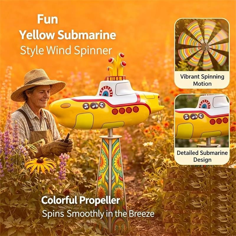 Yellow Submarine Wind Spinner,2D Heavy Duty Metal Rotating
