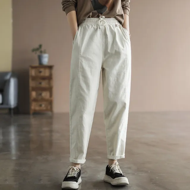 Women's Slim And Versatile Plus Size Mm Literary Pants Beige - Shop at LoveMi