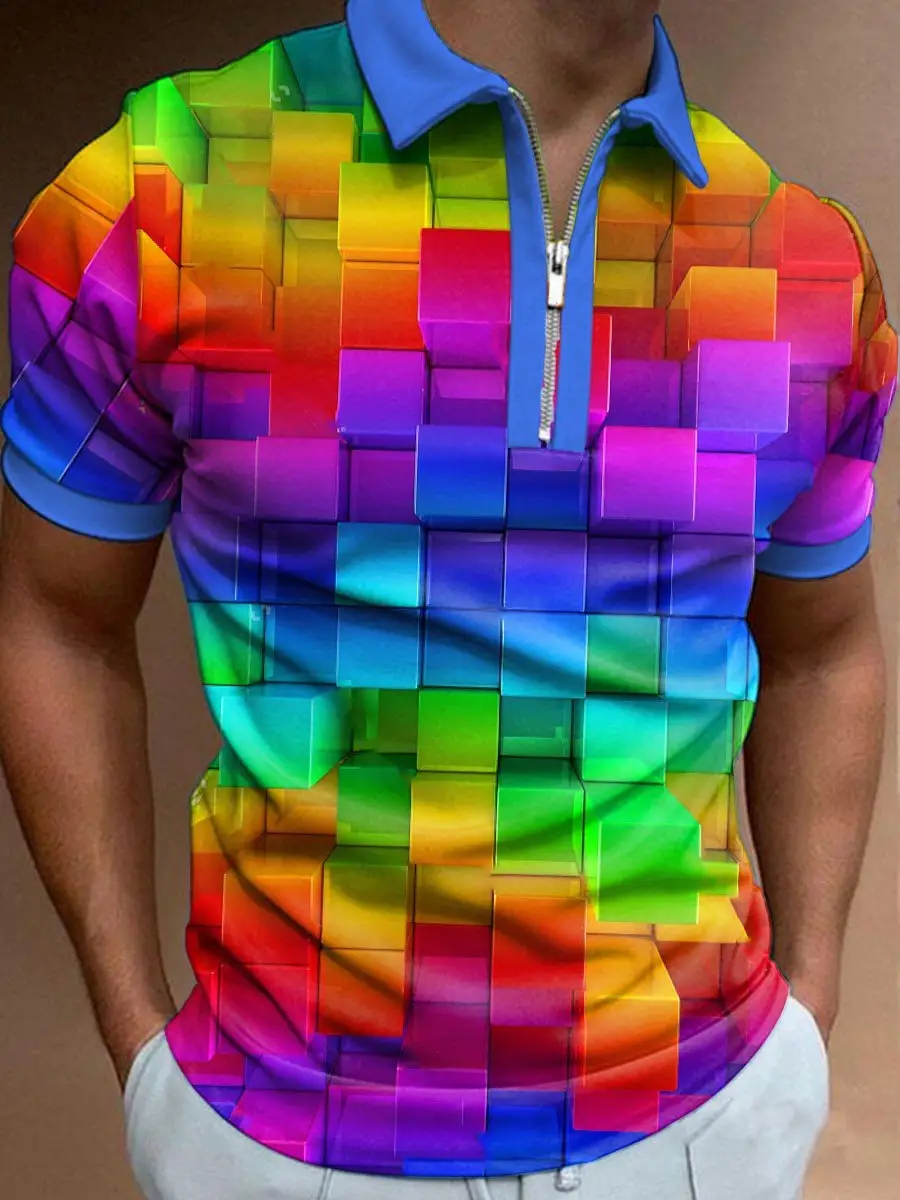 3D Printing Colorful Black Men's Zip Short Sleeve POLO Shirt