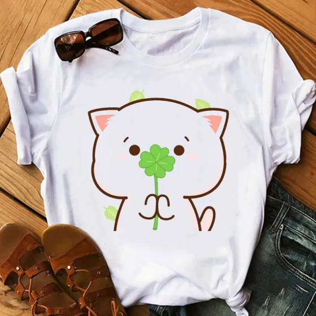 Cute Cartoon Cat Print Couple White T shirt Loose Round Neck 12 Style - Shop at LoveMi