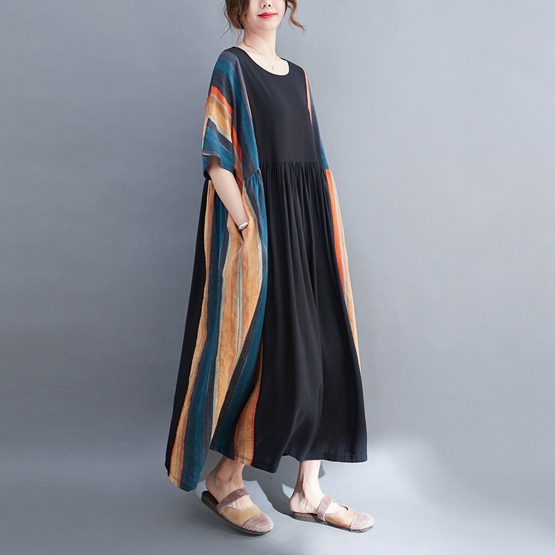 Round Neck Short Sleeve Striped Panel Swing Dress Blue Orange Stripes With Black - Shop at LoveMi