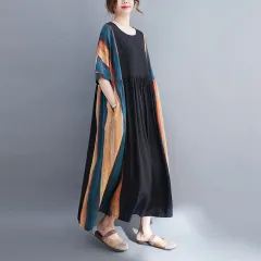 Round Neck Short Sleeve Striped Panel Swing Dress - Blue Orange Stripes With Black - View 1