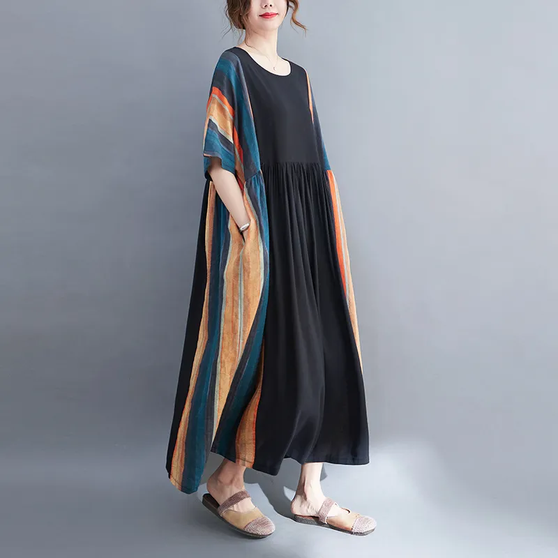 Round Neck Short Sleeve Striped Panel Swing Dress - Blue Orange Stripes With Black