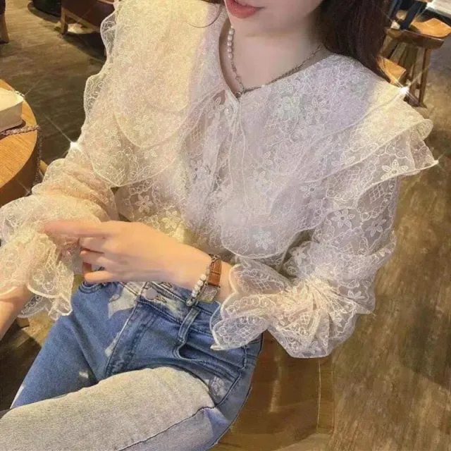 Autumn Fashion Big Lapel Heavy Lace Shirt Female Beige Apricot With Suspenders - Shop at LoveMi