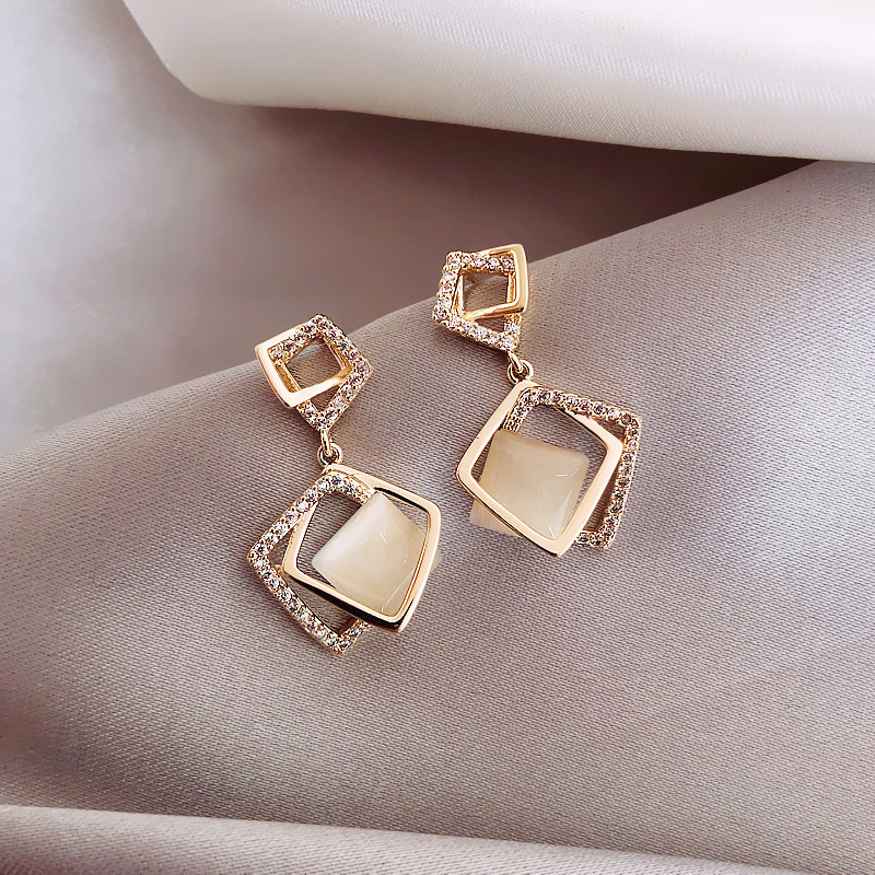 Silver Needle Opal Earrings Temperament Geometric Square