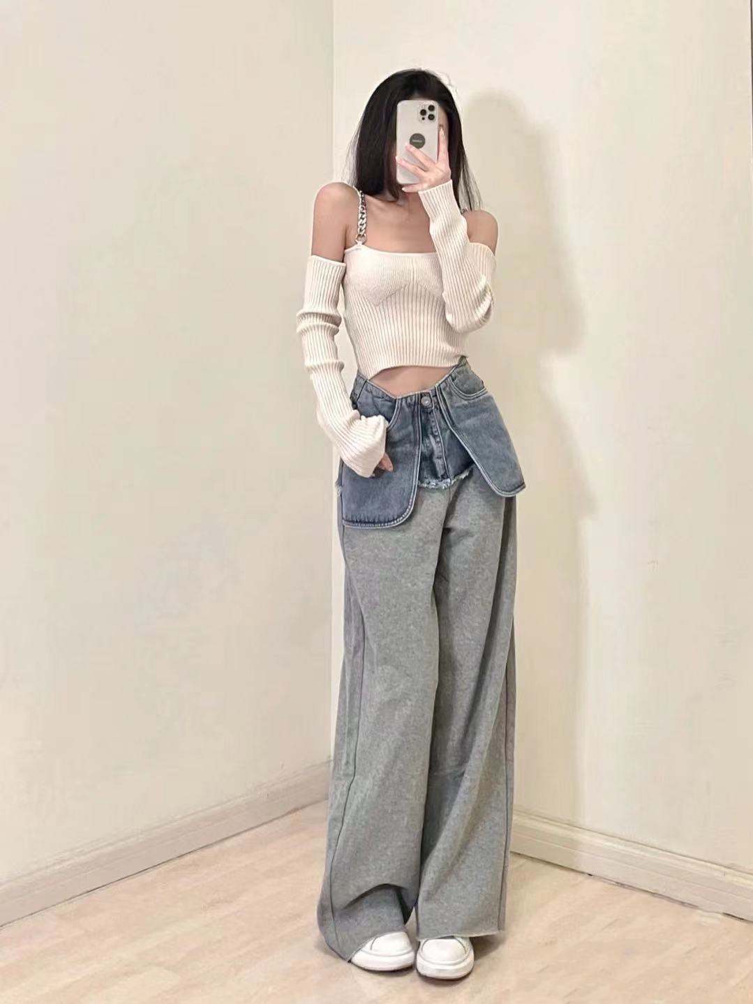 Women's Stitching Denim High Waist Casual Sports Pants