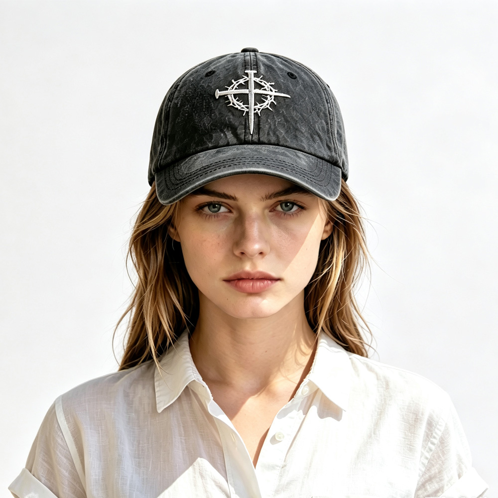 2pcs Crown Baseball Cap For Men Women, Crown Of Thorns Nail Cross Embroidery Christian Faith Hat, Adjustable Vintage Cotton Trucker Hat — foto 6