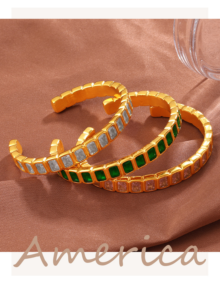 Light Luxury Vintage Style Open Bracelet With Multi-color Zircon, Stainless Steel, Stackable And Versatile C-shaped Bracelet.