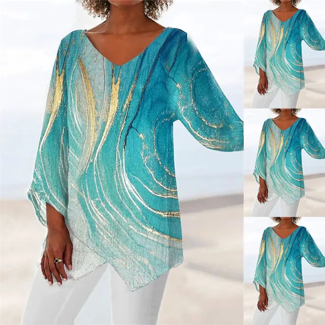 Geometric Print Long Sleeve Panel V Neck Shirt - Shop at LoveMi