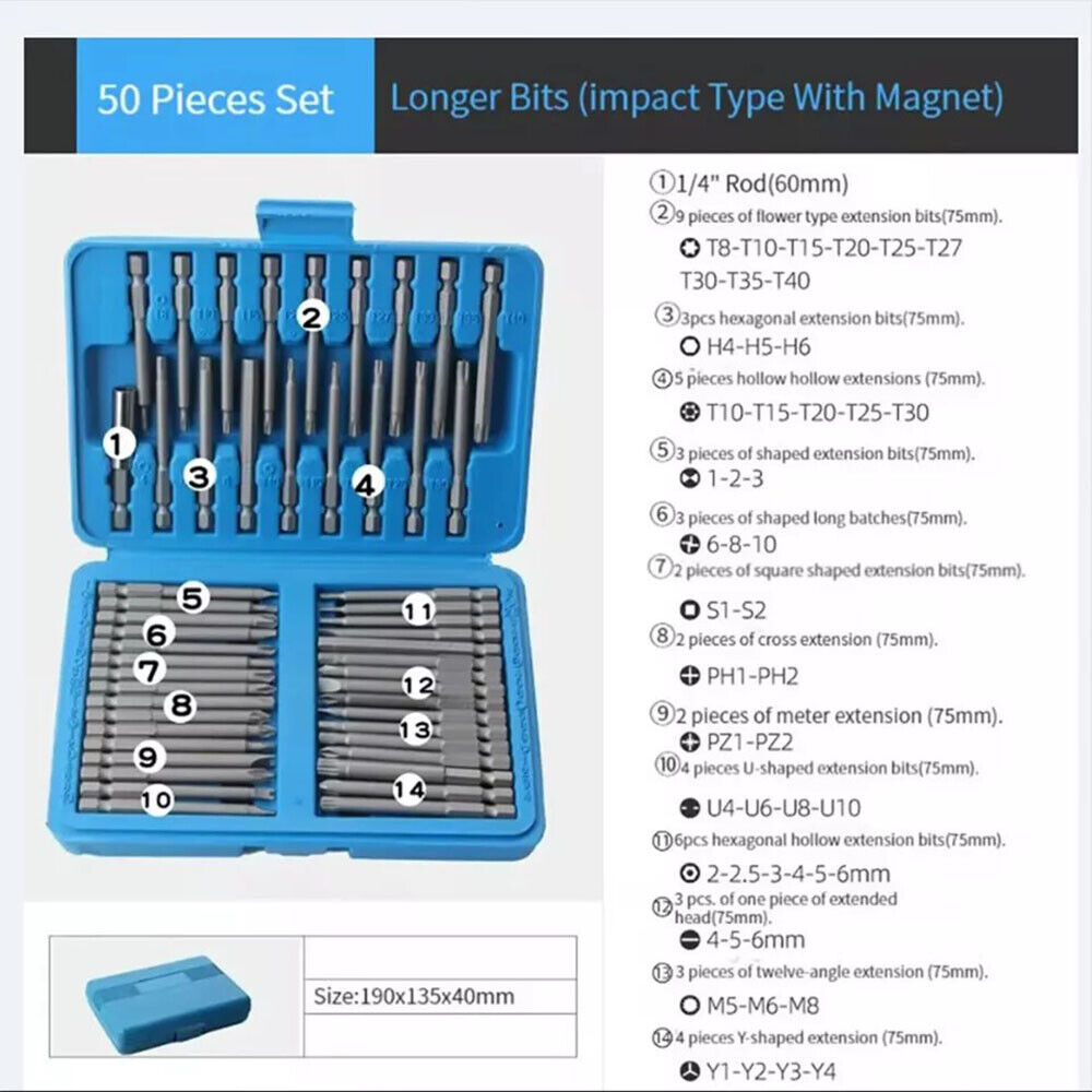 NEW 50 Piece Hex Star Torx Extra Long Security Bits Spline Flat Screwdriver Set — image 11