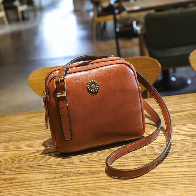 Women's Double layer Zipper Oil Wax Leather One shoulder Diagonal Bag Orange - Shop at LoveMi