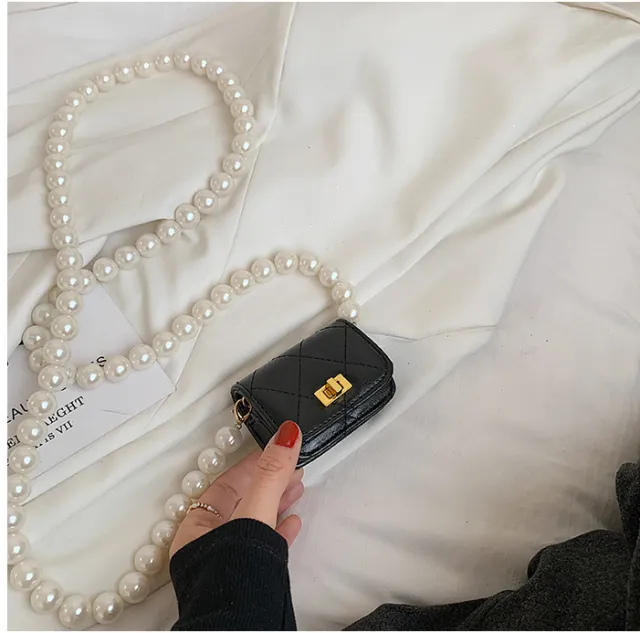 Simple Lock Mini Coin Purse Western Style Pearl Chain Messenger Female Fashion Black - Shop at LoveMi