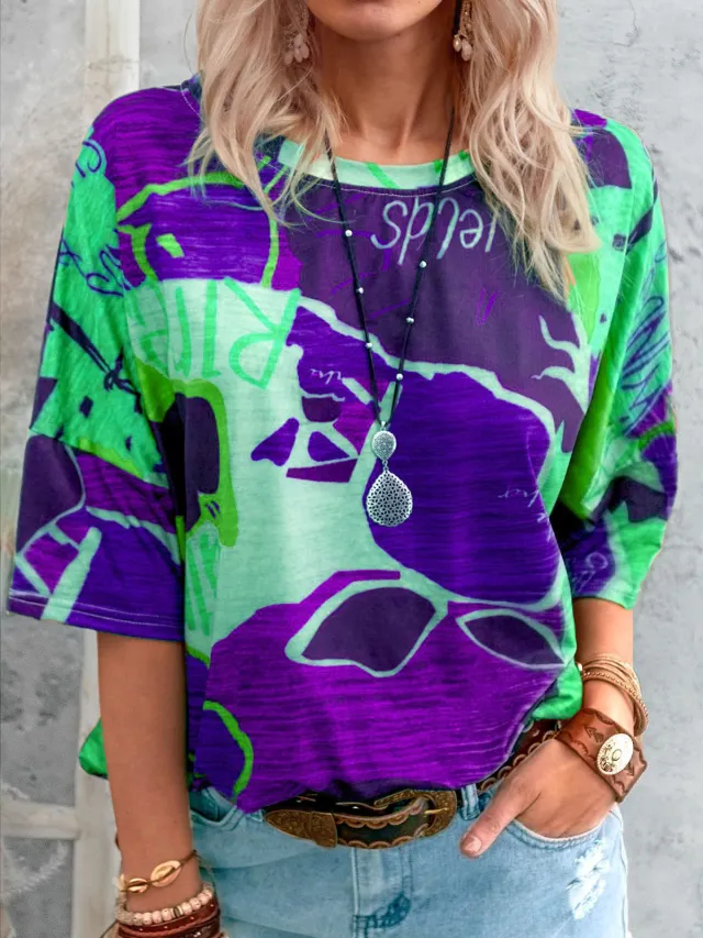 Short Sleeved Round Neck Map Print T Shirt Purple - Shop at LoveMi