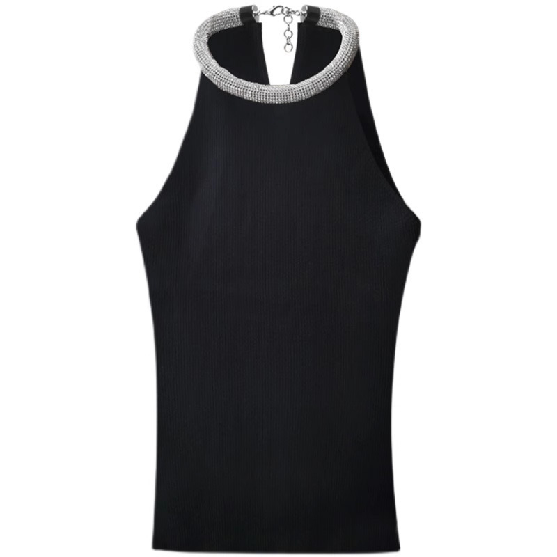 Women's Fashion Sleeveless Slim Round Neck Diamond Halter Spaghetti-strap Camisole Top