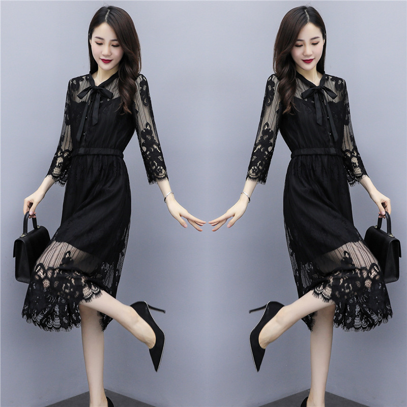 Lace Stitching Tie Collar Elegant Skirt