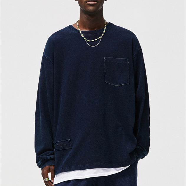 Men's Blue Dyed Knitted Denim Long Sleeve T-shirt Pocket Decoration Wash Water Top