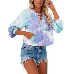 Tie-Dye Printed Long-Sleeved Hooded Lace-Up Sweatshirt - Blue Tiedye - View 1