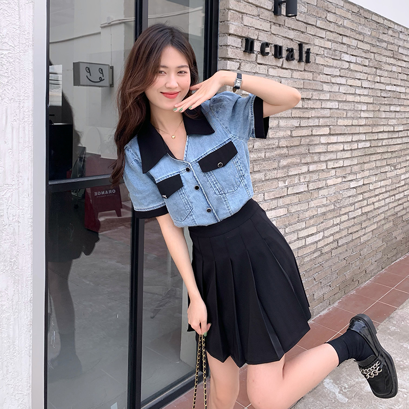 Women's Summer Contrast Color Polo Collar Denim Shirt Jacket