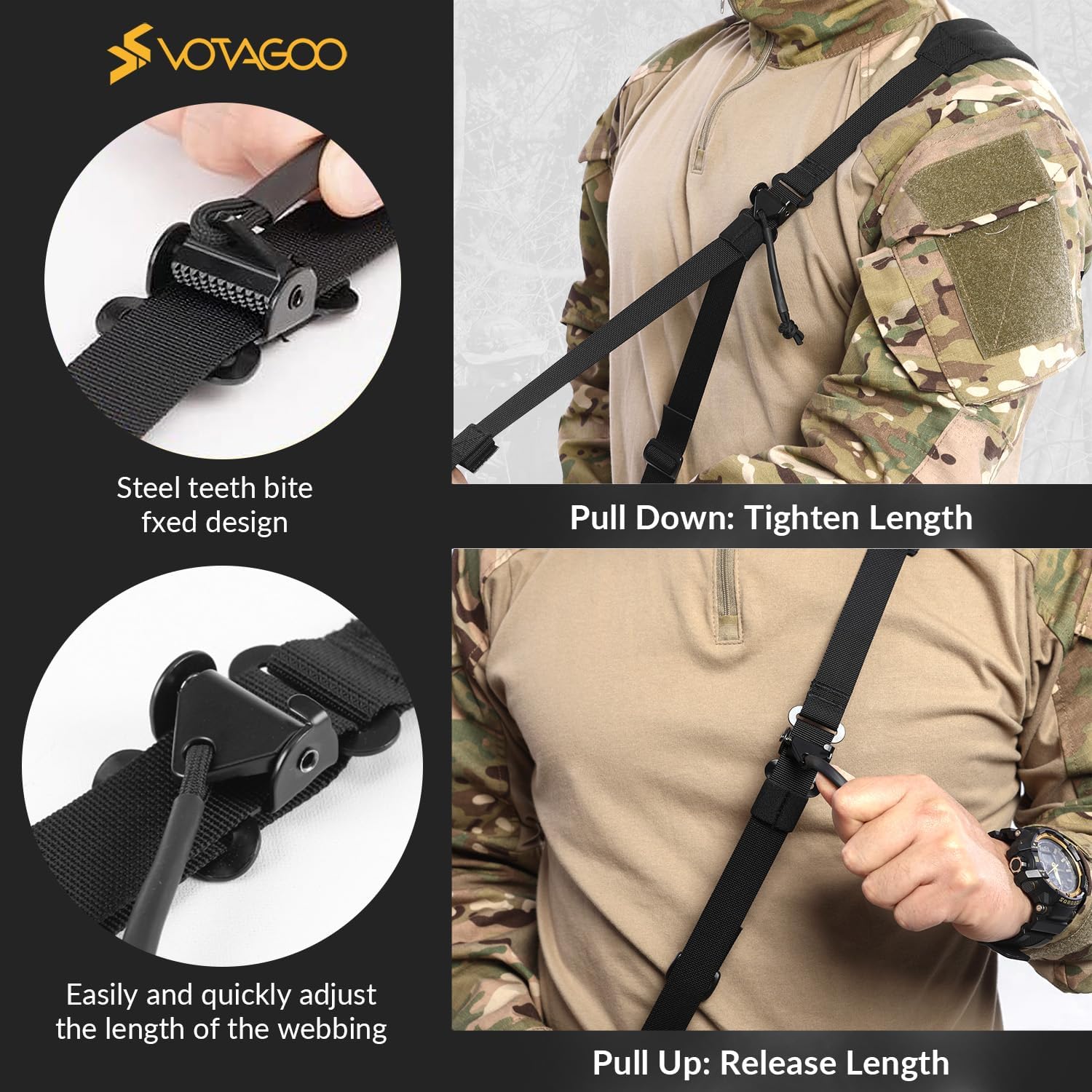 Quick Adjust 2 Point Gun Sling. Multi-Option Install & Sling Management: This rifle sling comes with 2 QD swivels and 2 HK HOOK and a sling management retention device and a sling ring. The sling swivels allow for easy installation to the barrel and butts