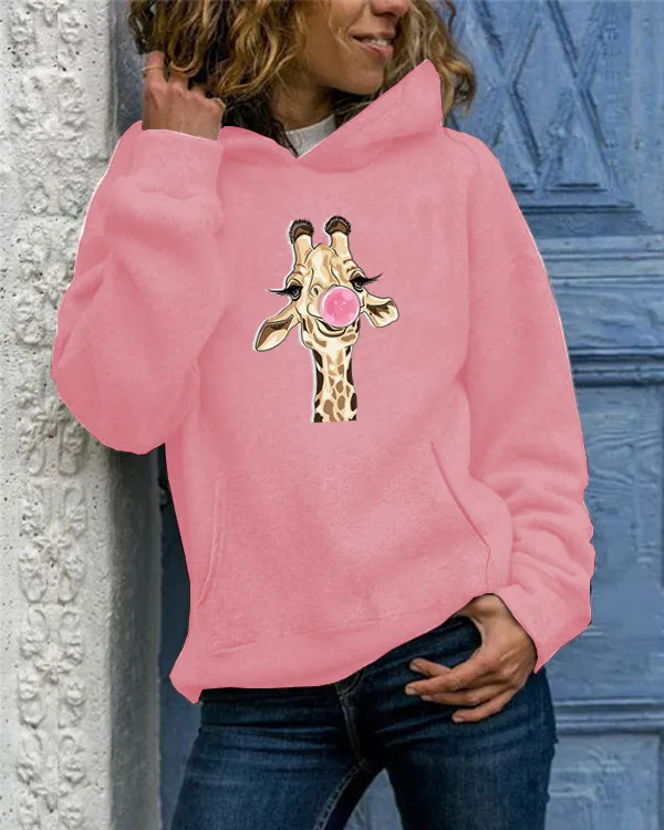 Women's Solid Color Printed Round Neck Sweater Pink - Shop at LoveMi