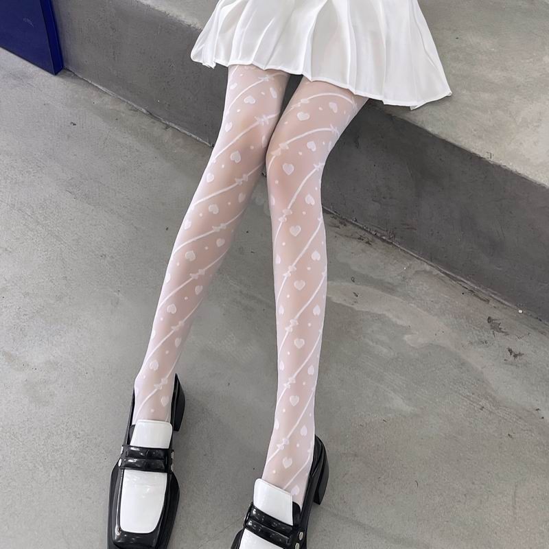 Coquette Heart & Bow Sheer Tights, Black Semi-Transparent Pantyhose With Diagonal Bow & Heart Print, Women's Sweet Gothic Tights For Skirts & Loafers