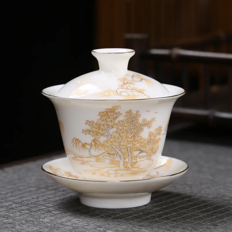 Sheep Fat Jade Colorful Gold Sancai Cover Bowl 150ml