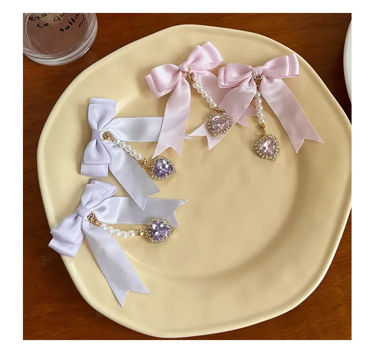 Double Bow Hair Pearl Pendant Pair Clip
