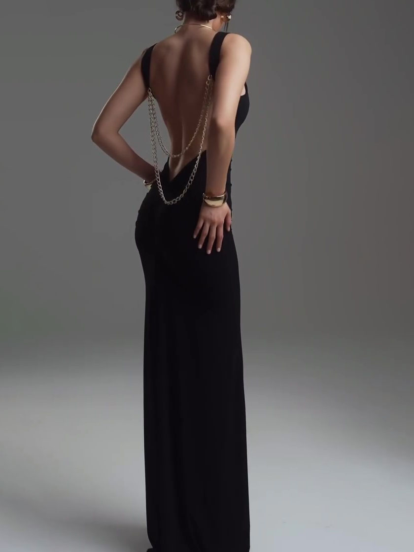 Black Sleeveless Backless Maxi Dress With Chain Detail