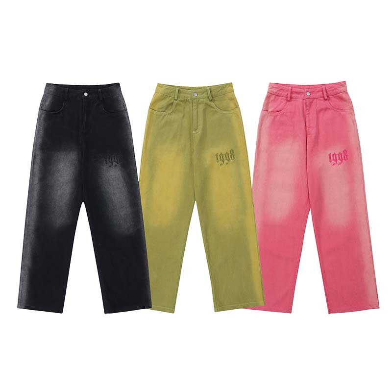 High Street Gradient Frayed White Letter Embroidered Jeans Men's Style