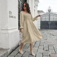 Flared Sleeve T-Neck Long Sleeve Pleated Dress - Apricot - View 1