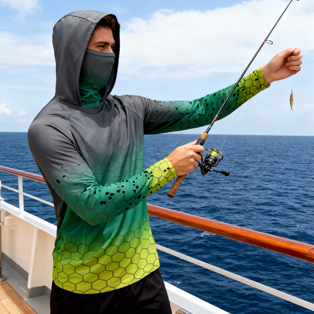 Fishing Hoodie Sailing Shirt Surfing Face Cover Neck Summer Men Long Sleeve Hunting Jersey Camisa De Pesca Performance Fish Gear Beach Tops Wear Climbing Uniform Angling