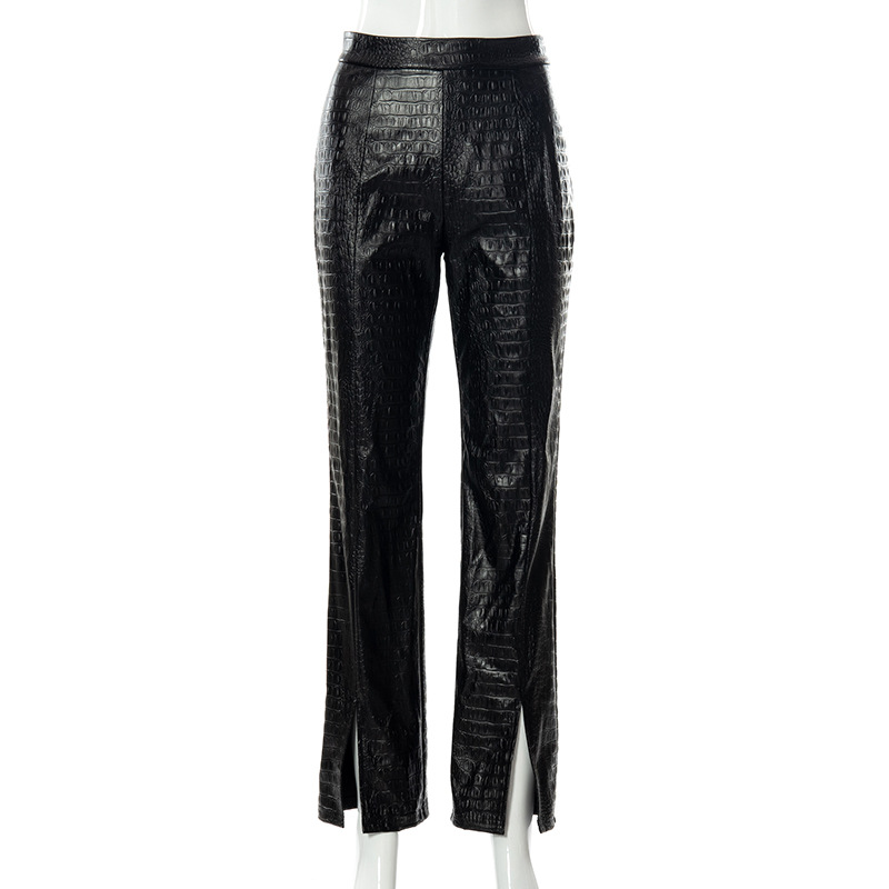 Pure Color PU Split Slim Street Style Straight Leg Casual Pants Women