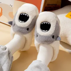 Shark Slippers Cute Cartoon Warm Winter Plush Fuzzy Shoes Women - Grey - View 1